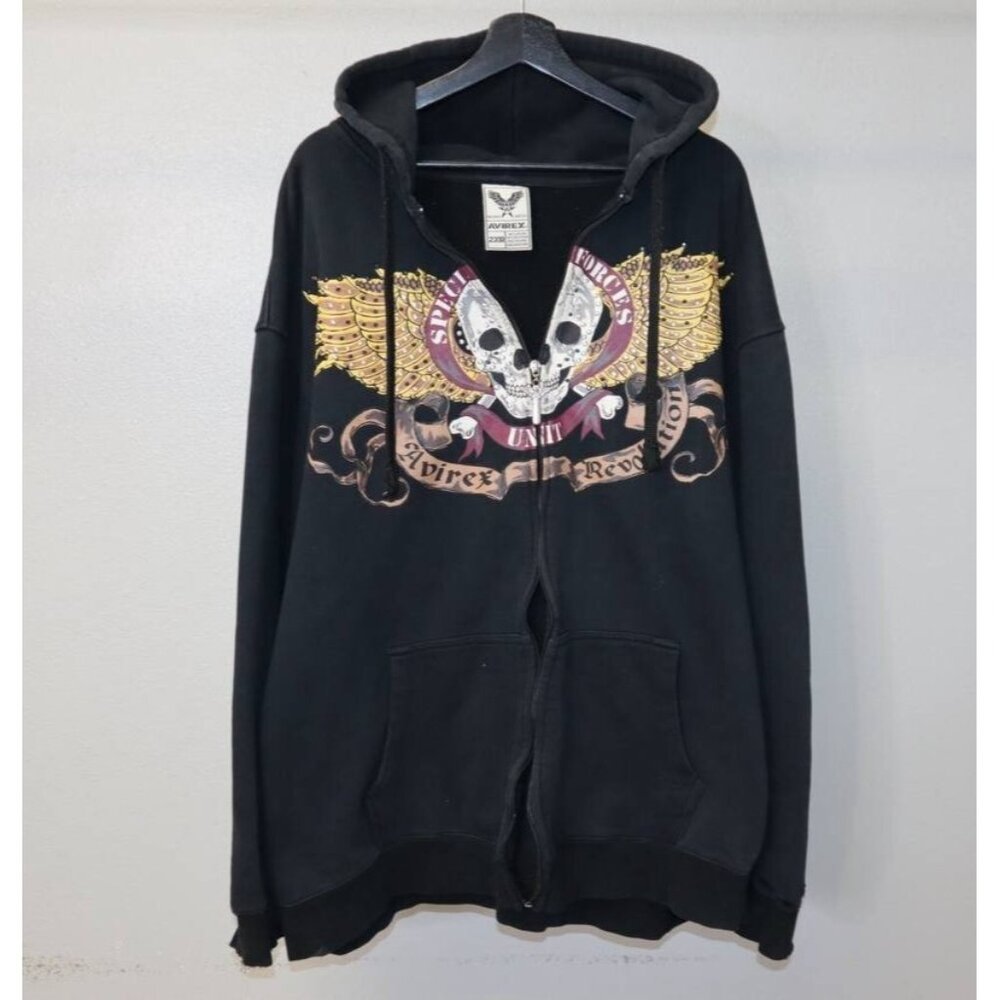 Vtg Y2K Avirex 2XB Black Hoodie Winged Skull Zip Streetwear Distressed Rare
